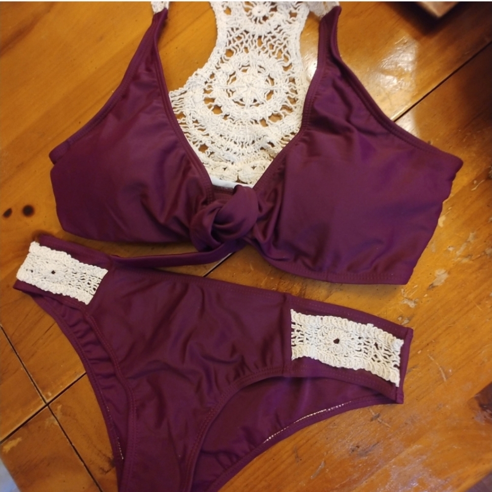 👙 Wine Red Crisscross Crochet Back Bikini - Picture 7 of 7